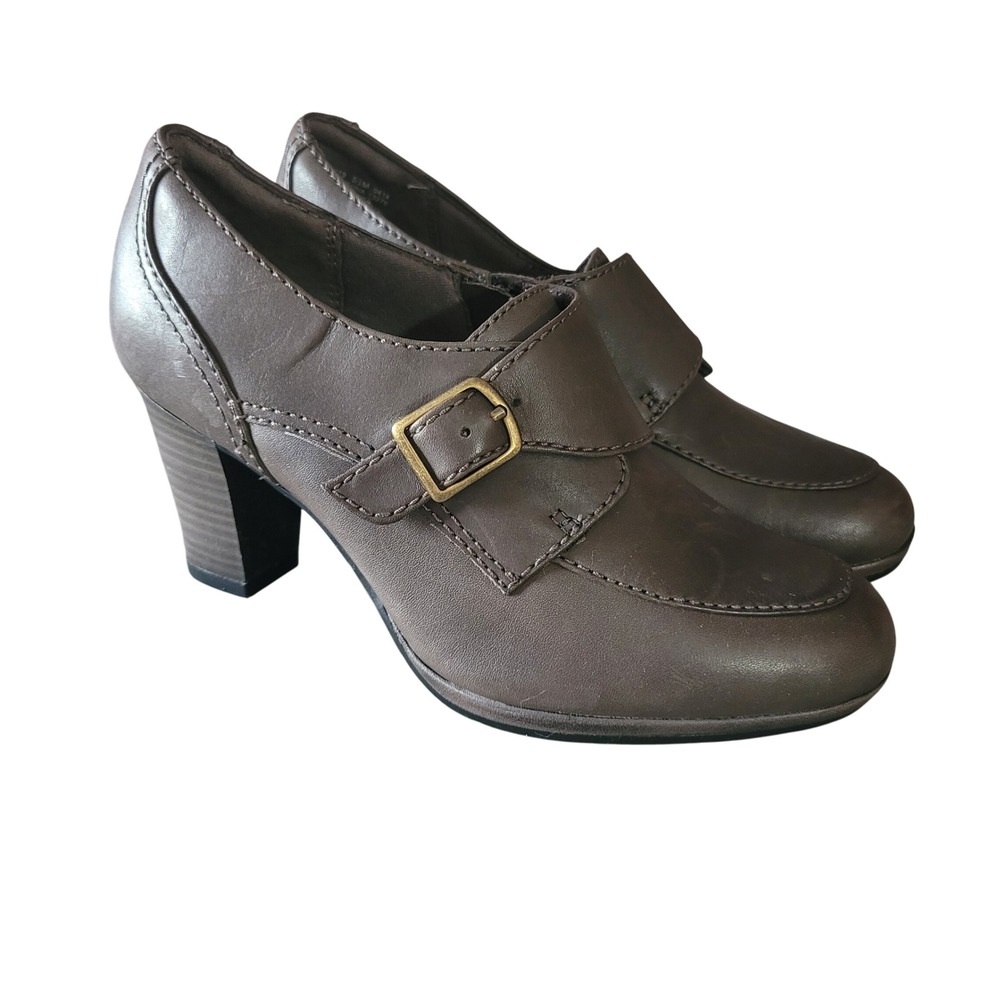 Clarks Bryn Poppy Leather Buckle Heeled Shoes Ankle Booties 5.5 Gray Office Chic